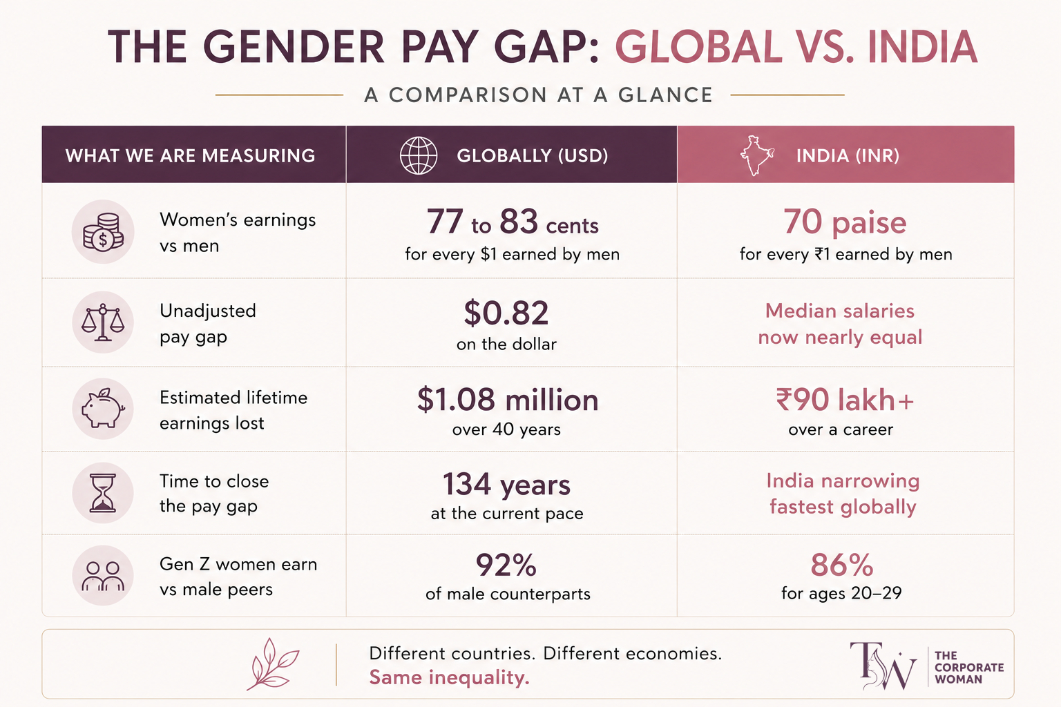 Infographic breaking down the gender pay gap by global vs India